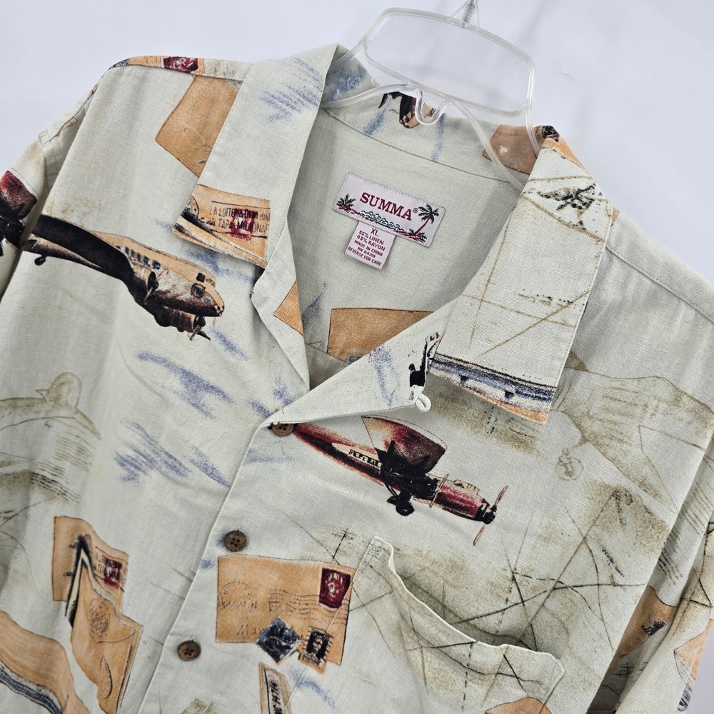 Summa Shirt Mens XL Linen Blend Aviation Airmail Propeller Plane Beige